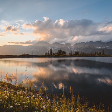 Urlaub in Söll mit Kindern oder als Pärchen Berglandschaft mit See und Blumen im Vordergrund bei Sonnenuntergang