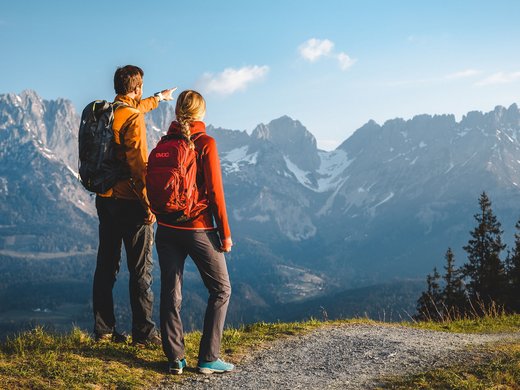 Wandern mit Panoramablick auf die Alpen Zwei Wanderer mit Rucksäcken genießen einen Panoramablick auf die Alpen, während einer von ihnen in die Ferne zeigt.