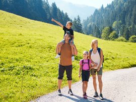 Wanderfamilie in den Alpen Eine Familie beim Wandern auf einem Bergweg, das Kind auf den Schultern des Vaters, mit grünen Wiesen und Wäldern im Hintergrund.